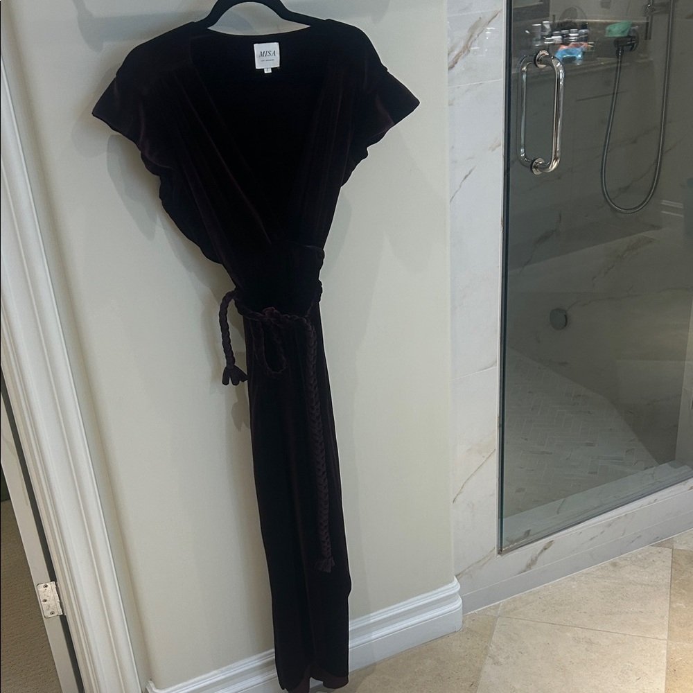 Misa Los Angeles maroon velvet wrap dress